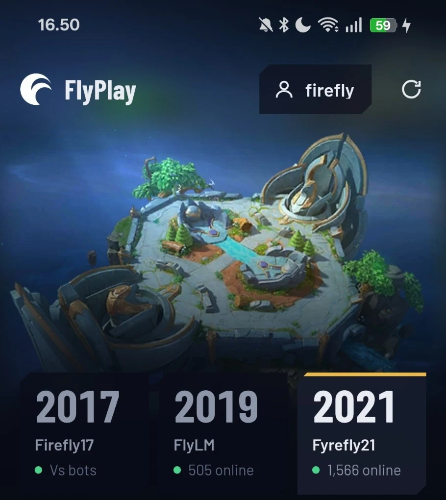 FlyPlay on Android: Firefly17 against bots, FlyLM with 505 online, Fyrefly21 with 1,566 online