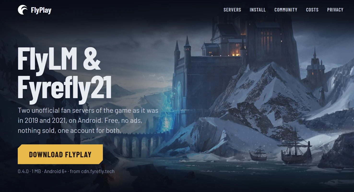 FlyPlay home page: FlyLM and Fyrefly21, two unofficial fan servers of the game as it was in 2019 and 2021