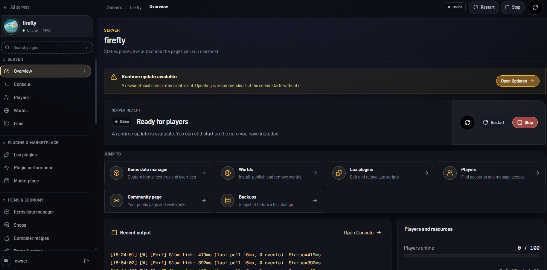 FyreflyHost server overview: health, restart and stop, shortcuts to items, worlds, Lua plugins and players